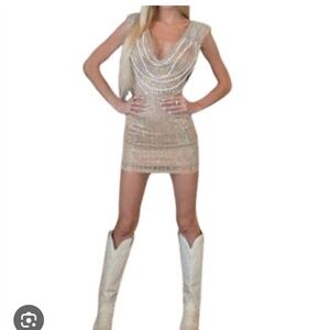 NEW Banjul Rhinestone Embellished Mini Dress In Nude (Small)